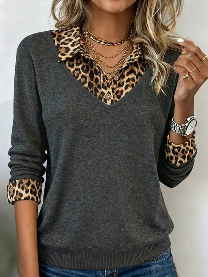 Dark Grey Leopard Trim Collar Cuff Faux Layer Knit Shirt Women V Neck Long Sleeve Soft Cotton Blend Office Casual Sweater 260711banjia