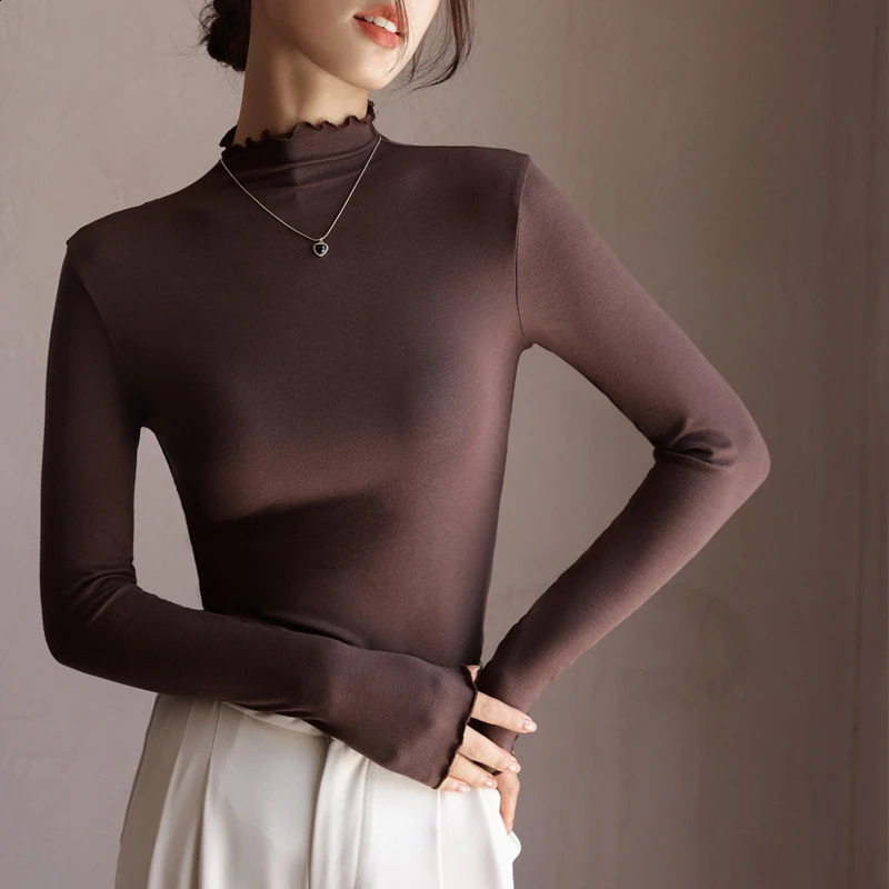 Lettuce Edge Mock Neck Women TShirt Autumn Winter Slim Long Sleeve Bottoming Shirt Chic Ruffle Elastic Basic Layer Tee Top 2026 260711banjia