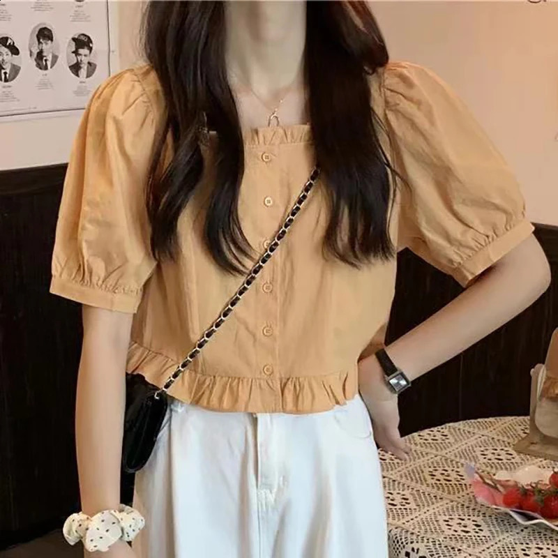 Korean Summer Ruffle Elegant Chiffon Cool Blouse Women Youthful Cute Cropped Tops Chic Short sleeve Feminine Shirt 260711banjia - view 3