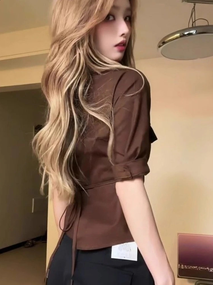 Vintage Chick Polo Collar Tshirt Woman Half Sleeve Fashion Aesthetic Button Brown Slim Tops Autumn Chic n Clothes 260711banjia - view 6
