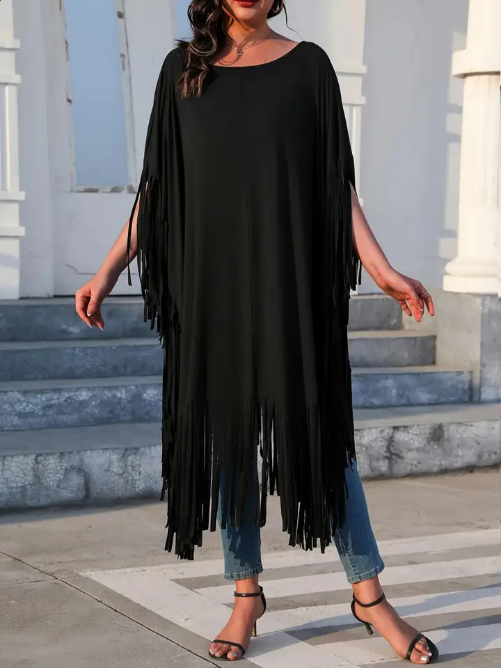 Plus Size Solid Tassel Batwing Sleeve Longline Tee Fashion Casual Round Neck Half Tshirt for Daily Outdoor Wear Women 260711banjia - view 4