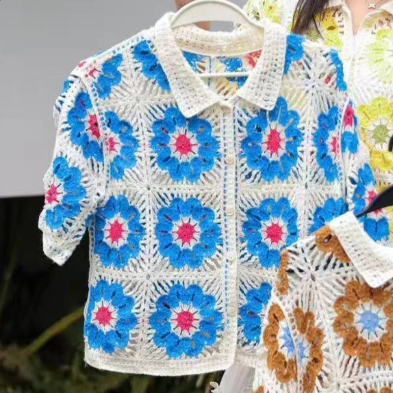 Granny Square Crochet Knit Polo Shirt Short Sleeve Poloneck Openknit Blouse Jacket Summer Top Bohemian Vacation Outfit 260711banjia