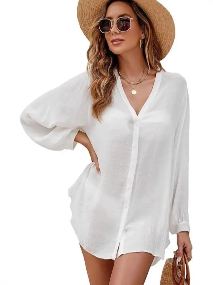 Women Summer Loose Long Sleeve Shirt V Neck Button Beach Cover Up Flowy Sun Protective Tunic Casual Vacation Swim 260711banjia - view 4