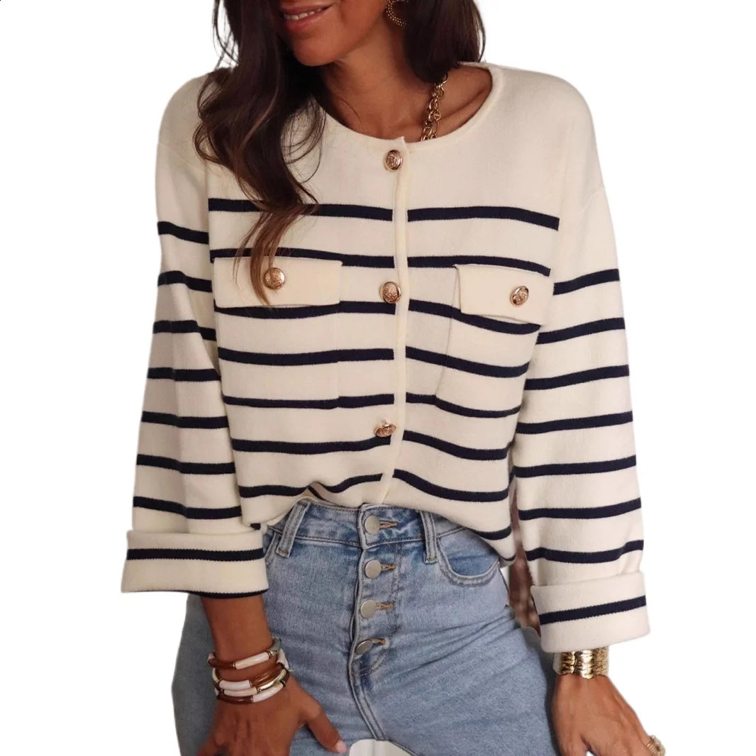 sweater autumn and black white striped buttonknit American crossborder casual longsleeved women 260711banjia