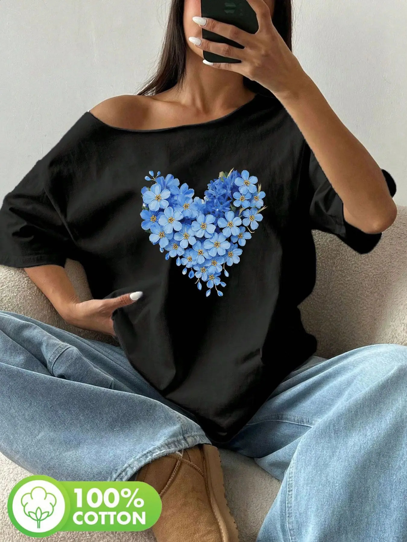 Plus Size 100 Cotton Shoulder Loose Print TShirt Oversized Y2K Style Graphic Tee Tops Summer Off The Top Bl 260711banjia - view 3
