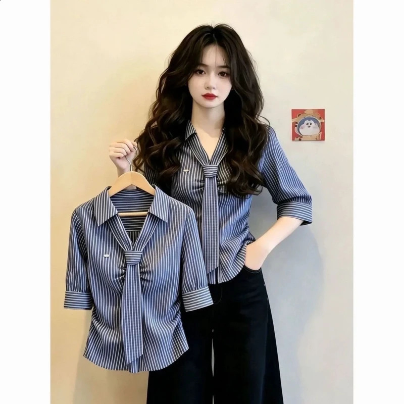 Polo Neck Lacing Short Sleeve Slim Striped Elegant Blouse Summer Allmatch Button Vintage Shirt Tops Korean Trend Women Clothing 260711banjia