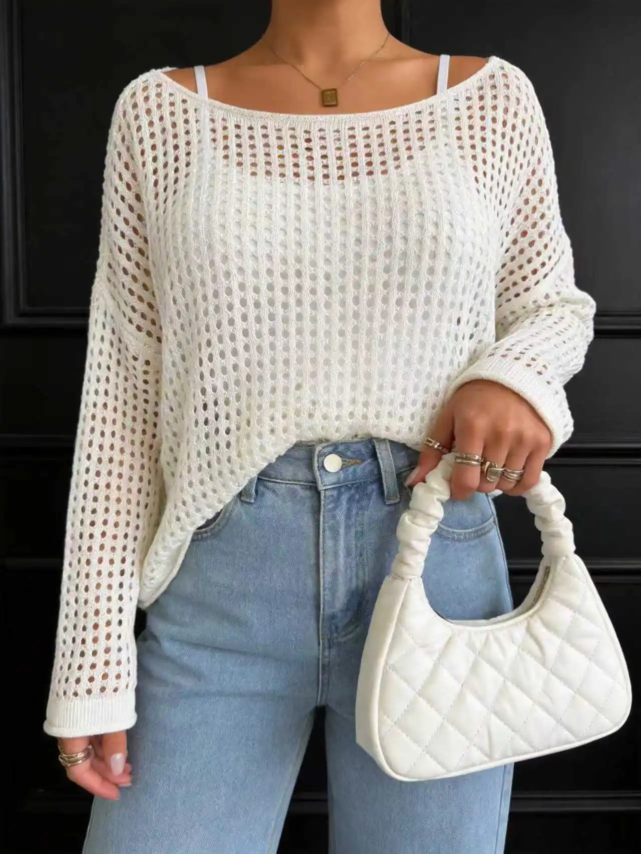 Plus Size Womens Elegant Boat Neck Hollow Out Knit Long Sleeve Pullover Perfect for Summer Outings 260711banjia