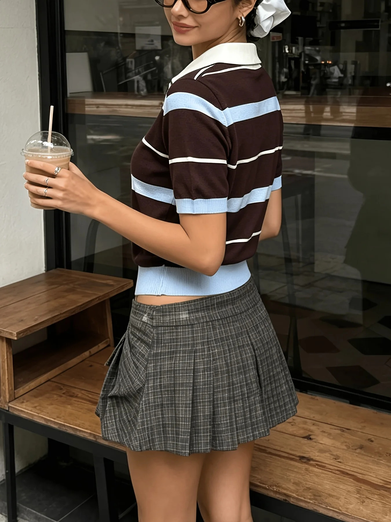 Retro Contrasting Striped Polo Collar Womens Knitted Pullover Short Sleeved Slim Fit Top Summer Style 260711banjia