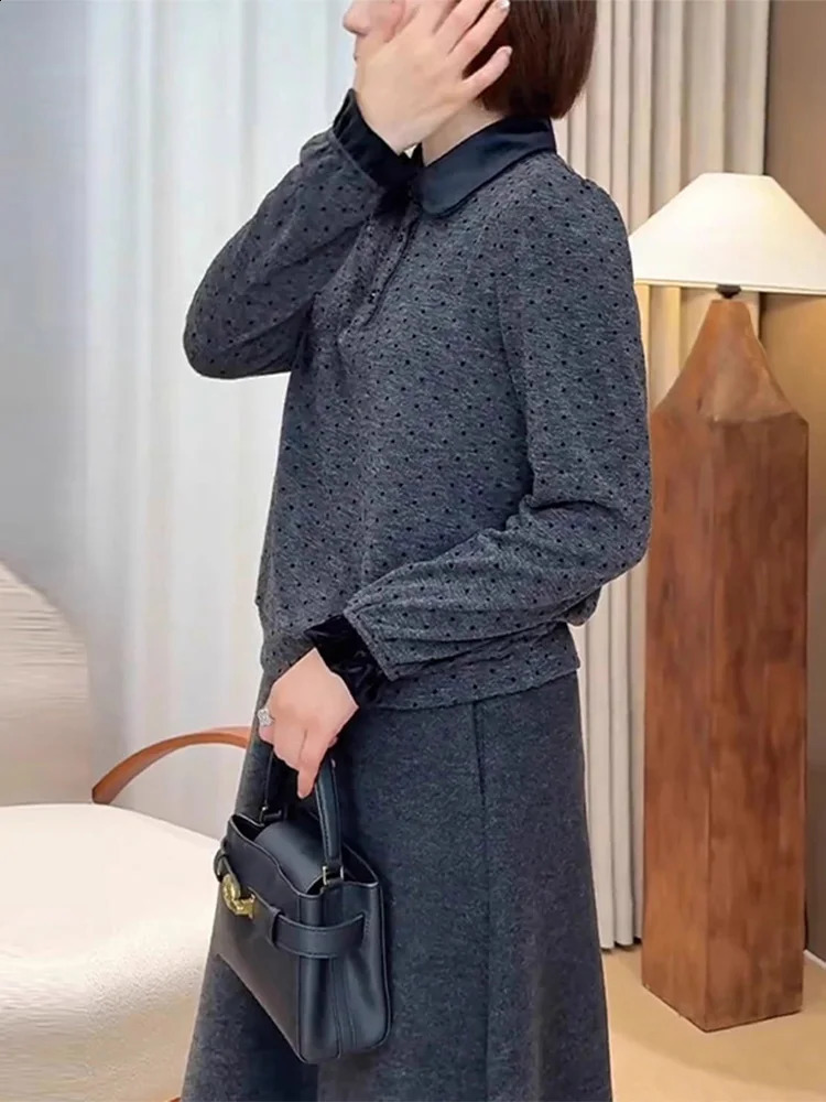 Deep Grey Collar Long Sleeve Knitted Sweater Polka Dot Trendy Large Size Top Fashionable French Style Loose Fit Knitwear 260711banjia
