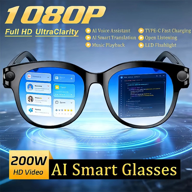 AI Smart Glasses, Smart Audio Wearable Device with Bluetooth Connectivity, 2MP Camera and Built-In Flashlight, Single-Lens Design - 290mAh Battery, Ty
