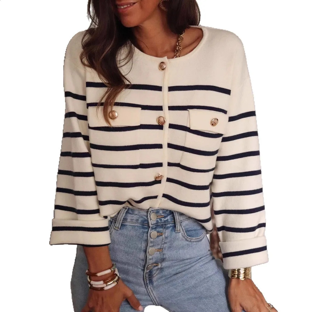sweater autumn and black white striped buttonknit American crossborder casual longsleeved women 260711banjia