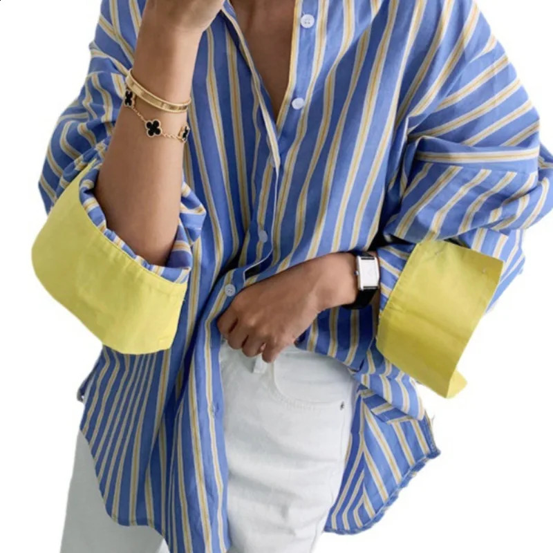 Spring Autumn Loose Womens Striped Shirt Color Block Base Layer Casual Top Fashionable Long Sleeve Cotton Polo Collar 260711banjia