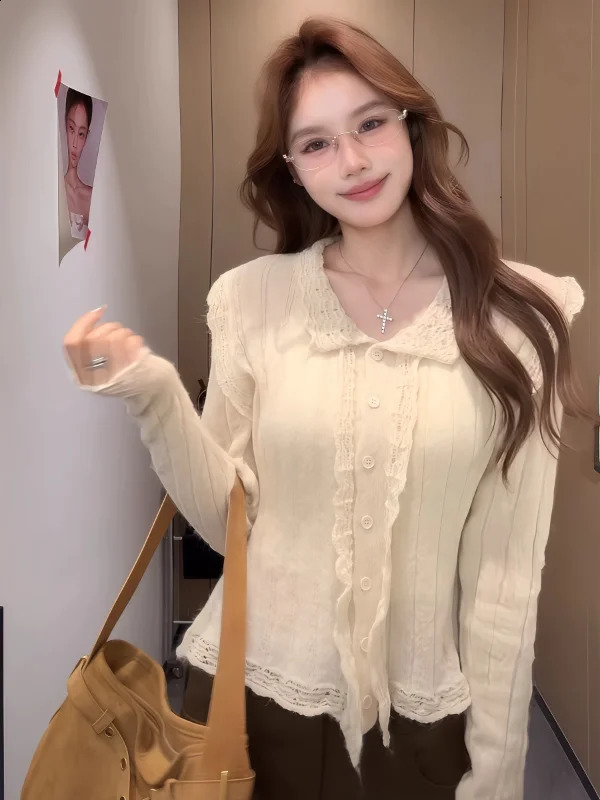 plus Size Knitwear Collar Lace Trim Simple Elegance for Women Korean Style Autumn Arrival Long Sleeve Sweater 260711banjia