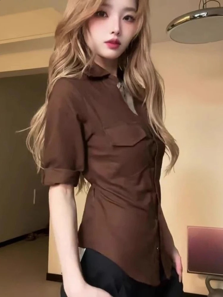 Vintage Chick Polo Collar Tshirt Woman Half Sleeve Fashion Aesthetic Button Brown Slim Tops Autumn Chic n Clothes 260711banjia - view 5