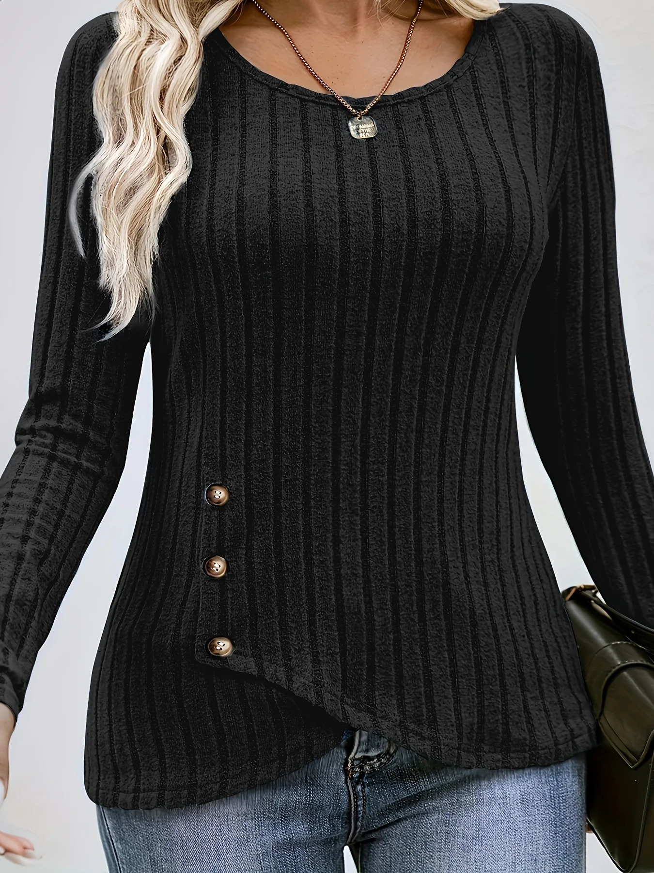 Plus Size Womens Long Sleeve Ribbed Knit Button Detail Top Elegant Casual Comfort Perfect for Any Occasion 260711banjia - view 6