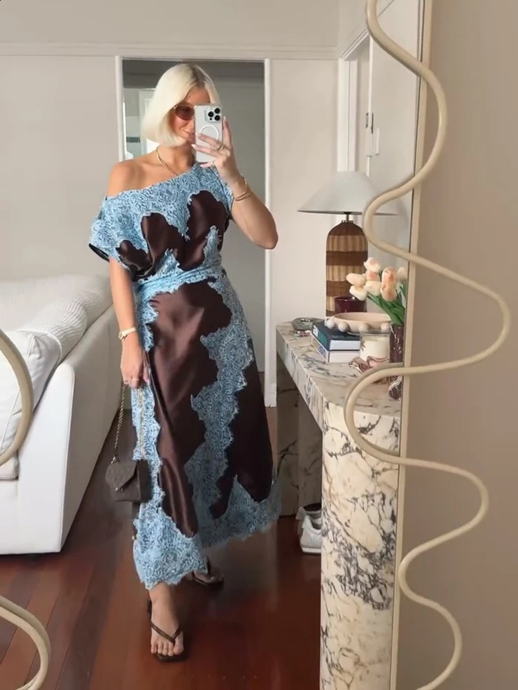Elegant Lace Patchwork Long Womens Dress Urban Skew-collar Short Sleeve Empire Female Dresses 2026 Summer Vacation Lady Robe 260713 - view 4