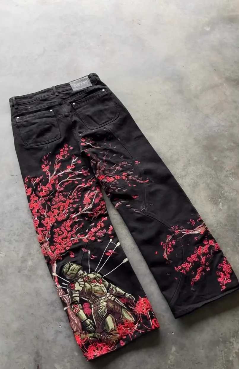 Y2k Vintage Red Spider Lily Fallen Knight Embroidery Jeans Baggy Straight Denim Pants Punk Rivet Cargo Pants Men Clothes Jeans C260713 - view 4