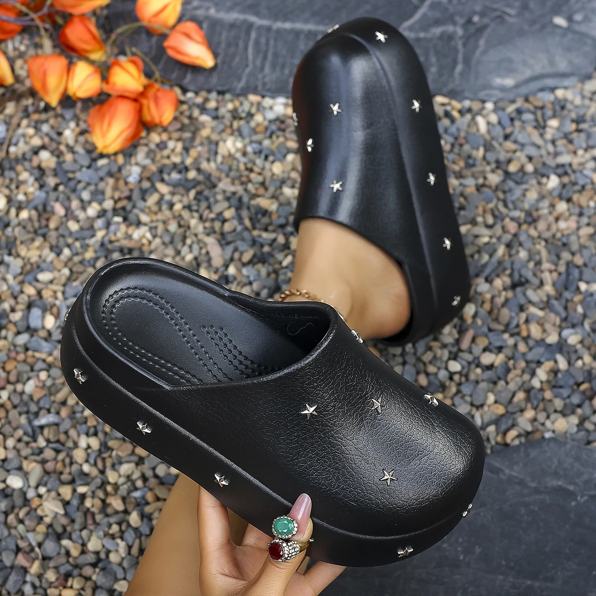 Summer Women Star Studded Platform Mules Closed Toe Non Slip Comfortable Casual Slip on Clogs for Indoor Outdoor Daily Wear 260713