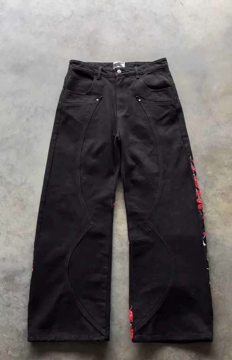 Y2k Vintage Red Spider Lily Fallen Knight Embroidery Jeans Baggy Straight Denim Pants Punk Rivet Cargo Pants Men Clothes Jeans C260713 - view 6
