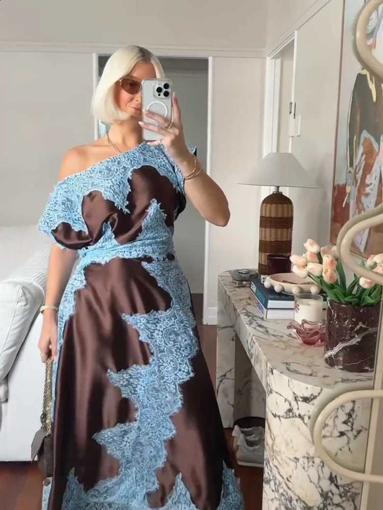 Elegant Lace Patchwork Long Womens Dress Urban Skew-collar Short Sleeve Empire Female Dresses 2026 Summer Vacation Lady Robe 260713 - view 5