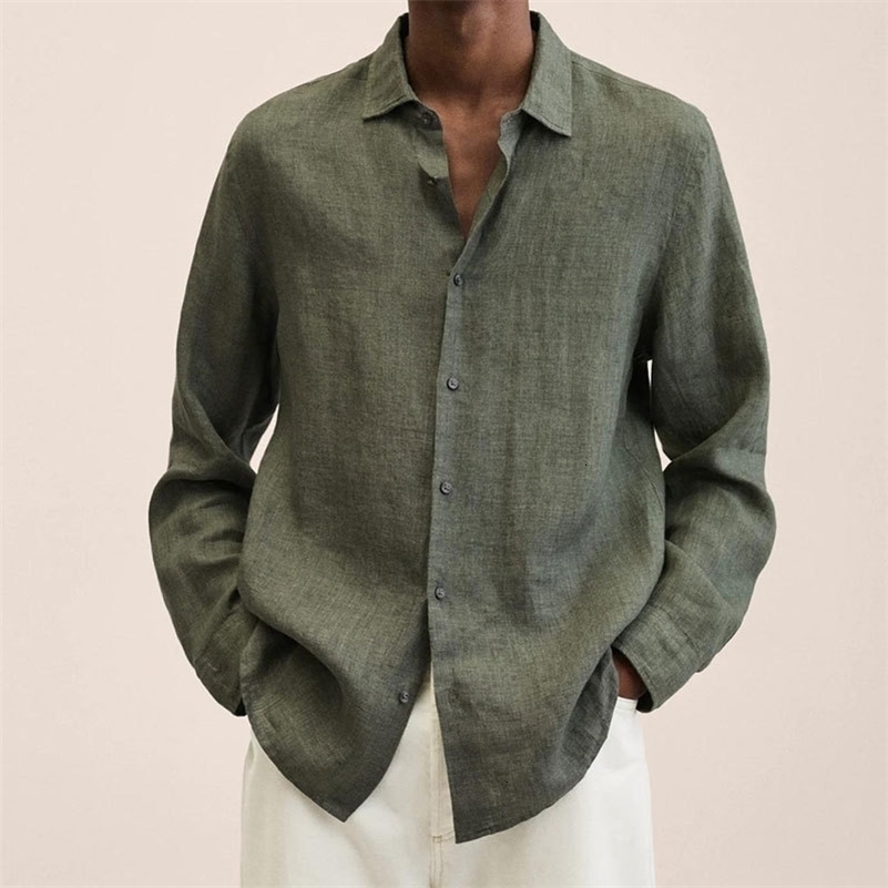 Mens Linen Cotton Long Sleeve Shirt Casual Loose Fit Button Down Collar Breathable Solid Color Summer Tops For Men 260711 - view 7