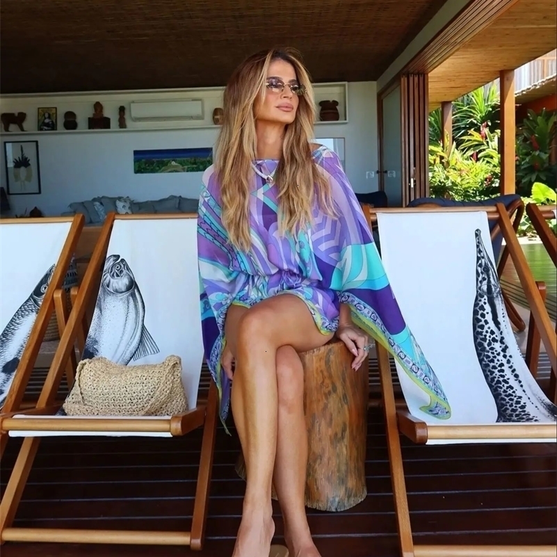 Print Long Sleeve Mini Dress Cover Up Women Party Pintuck Dresses Cap-Sleeve O Neck Ruched Elegant Holiday Beach Robe 260711 - view 4