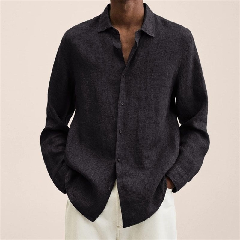Mens Linen Cotton Long Sleeve Shirt Casual Loose Fit Button Down Collar Breathable Solid Color Summer Tops For Men 260711 - view 4
