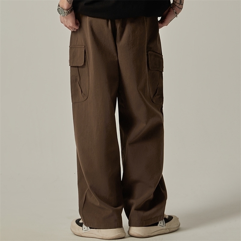 Mens Sweatpants Spring Autumn Vintage Japanese Wide Leg Straight Loose Button Big Pockets Cargo Pants Drawstring Trousers 260711 - view 3