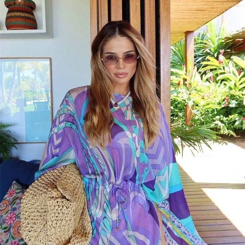 Print Long Sleeve Mini Dress Cover Up Women Party Pintuck Dresses Cap-Sleeve O Neck Ruched Elegant Holiday Beach Robe 260711 - view 5