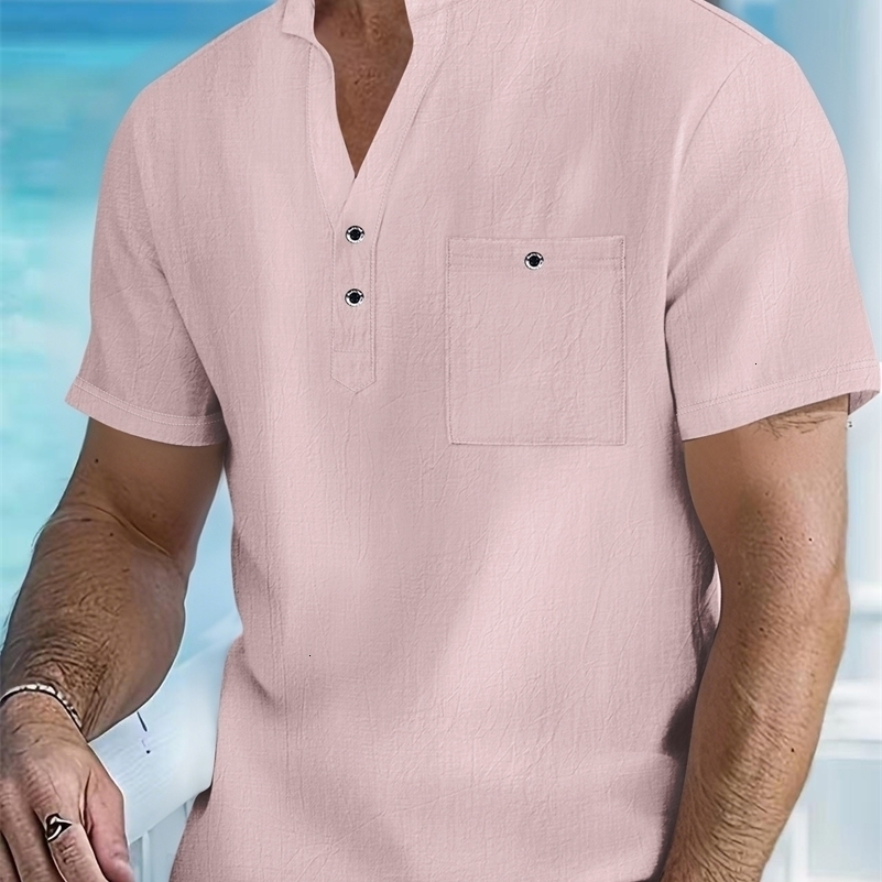 Mens Cotton Linen Short-Sleeve Shirt with Stand Collar Half-Button Placket - Casual Outdoor Leisure Wear for Spring and Summe 260711 - view 5