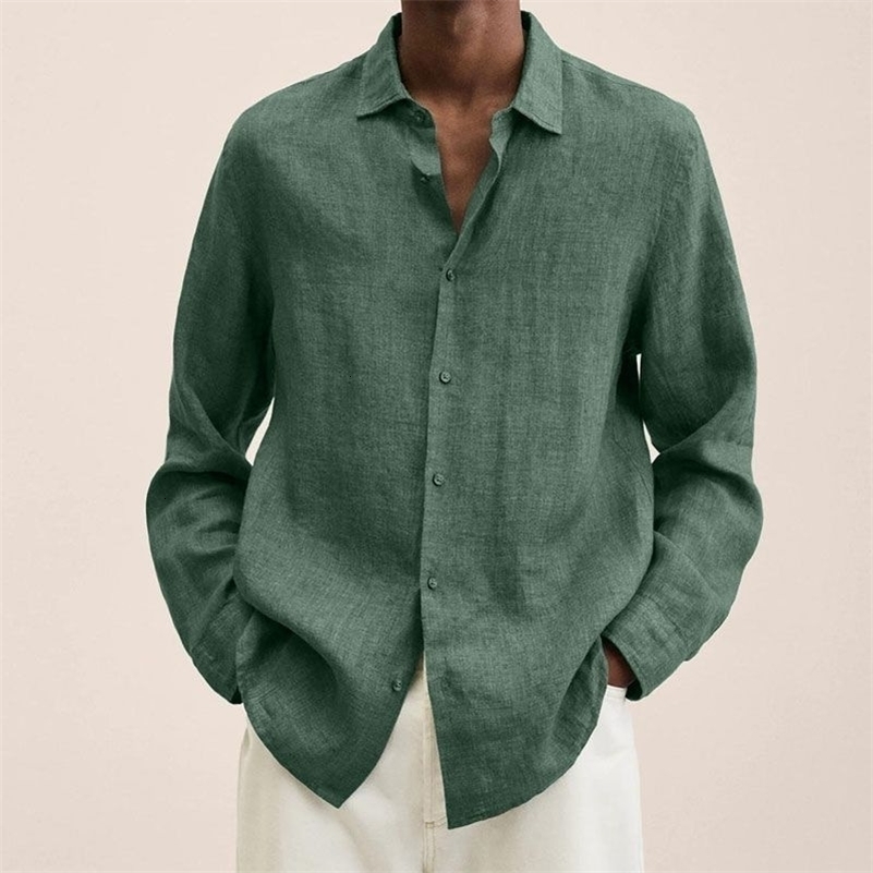 Mens Linen Cotton Long Sleeve Shirt Casual Loose Fit Button Down Collar Breathable Solid Color Summer Tops For Men 260711 - view 6