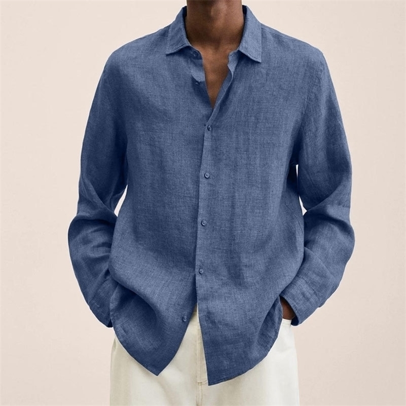 Mens Linen Cotton Long Sleeve Shirt Casual Loose Fit Button Down Collar Breathable Solid Color Summer Tops For Men 260711 - view 3