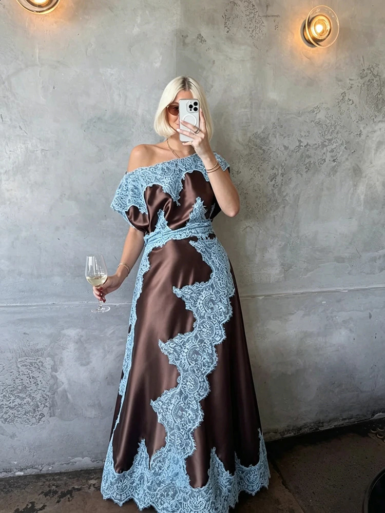 Elegant Lace Patchwork Long Womens Dress Urban Skew-collar Short Sleeve Empire Female Dresses 2026 Summer Vacation Lady Robe 260713 - view 3