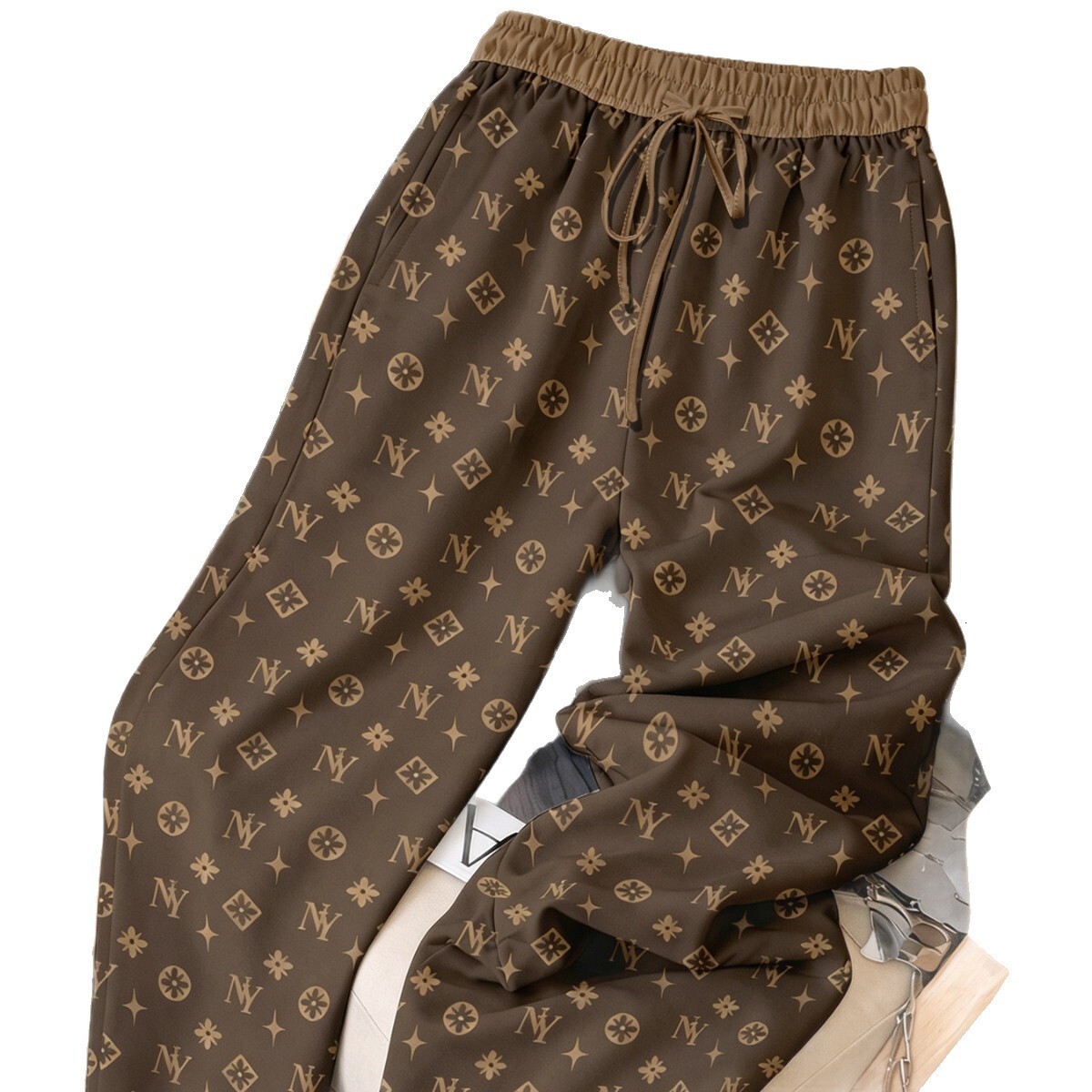 Luxury Brand Designer Clothes 2026 European And American Cross-Border Retro Letter Print Drawstring Elastic Waist Casual High-Waisted Wide-Leg Pants - view 6