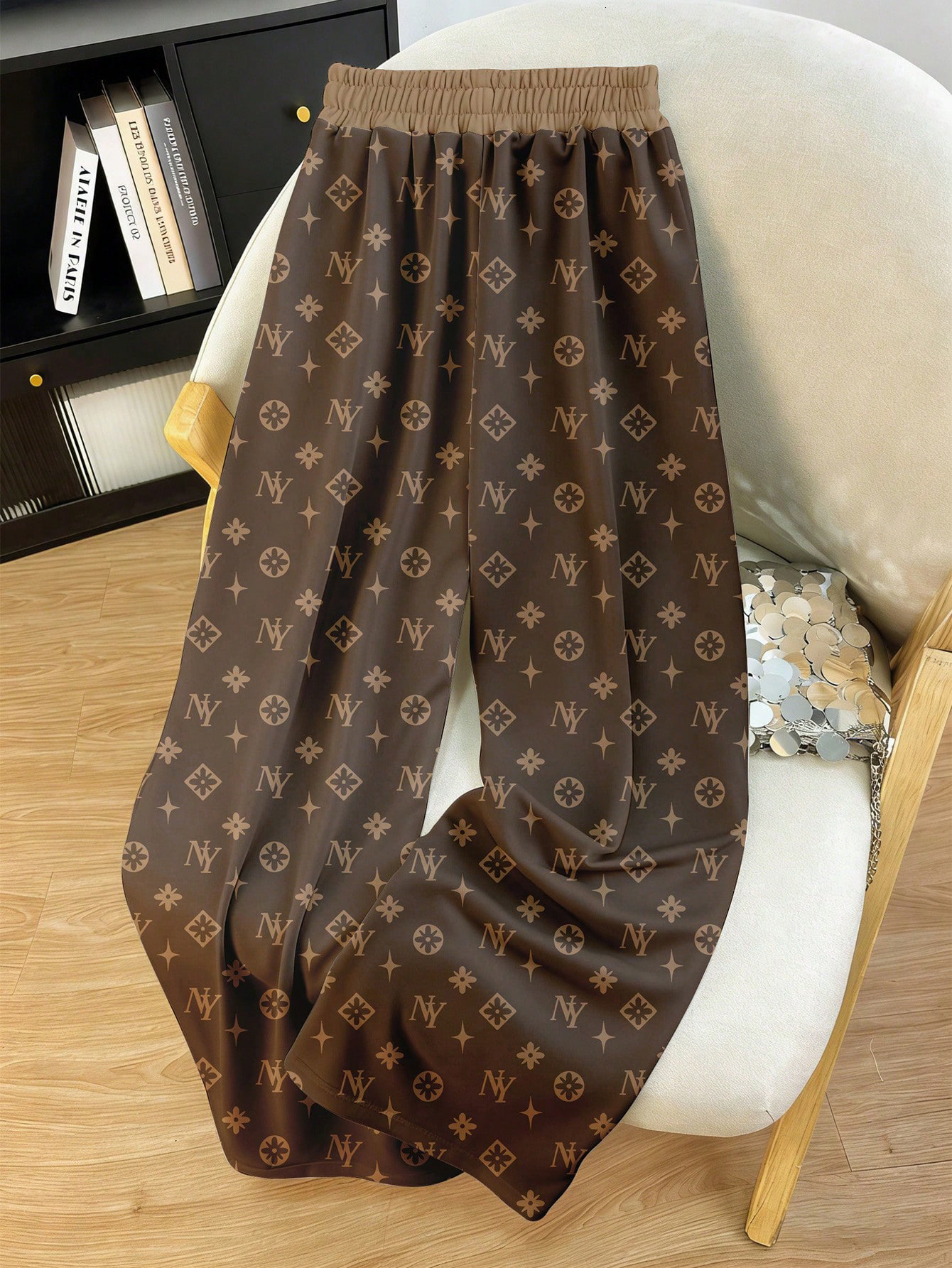 Luxury Brand Designer Clothes 2026 European And American Cross-Border Retro Letter Print Drawstring Elastic Waist Casual High-Waisted Wide-Leg Pants - view 4
