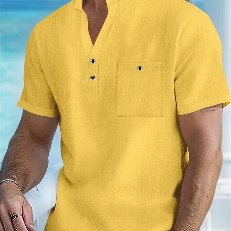 Mens Cotton Linen Short-Sleeve Shirt with Stand Collar Half-Button Placket - Casual Outdoor Leisure Wear for Spring and Summe 260711 - view 6