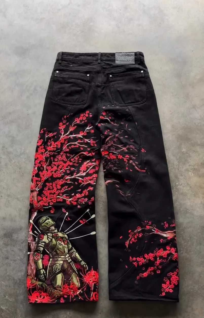 Y2k Vintage Red Spider Lily Fallen Knight Embroidery Jeans Baggy Straight Denim Pants Punk Rivet Cargo Pants Men Clothes Jeans C260713 - view 3