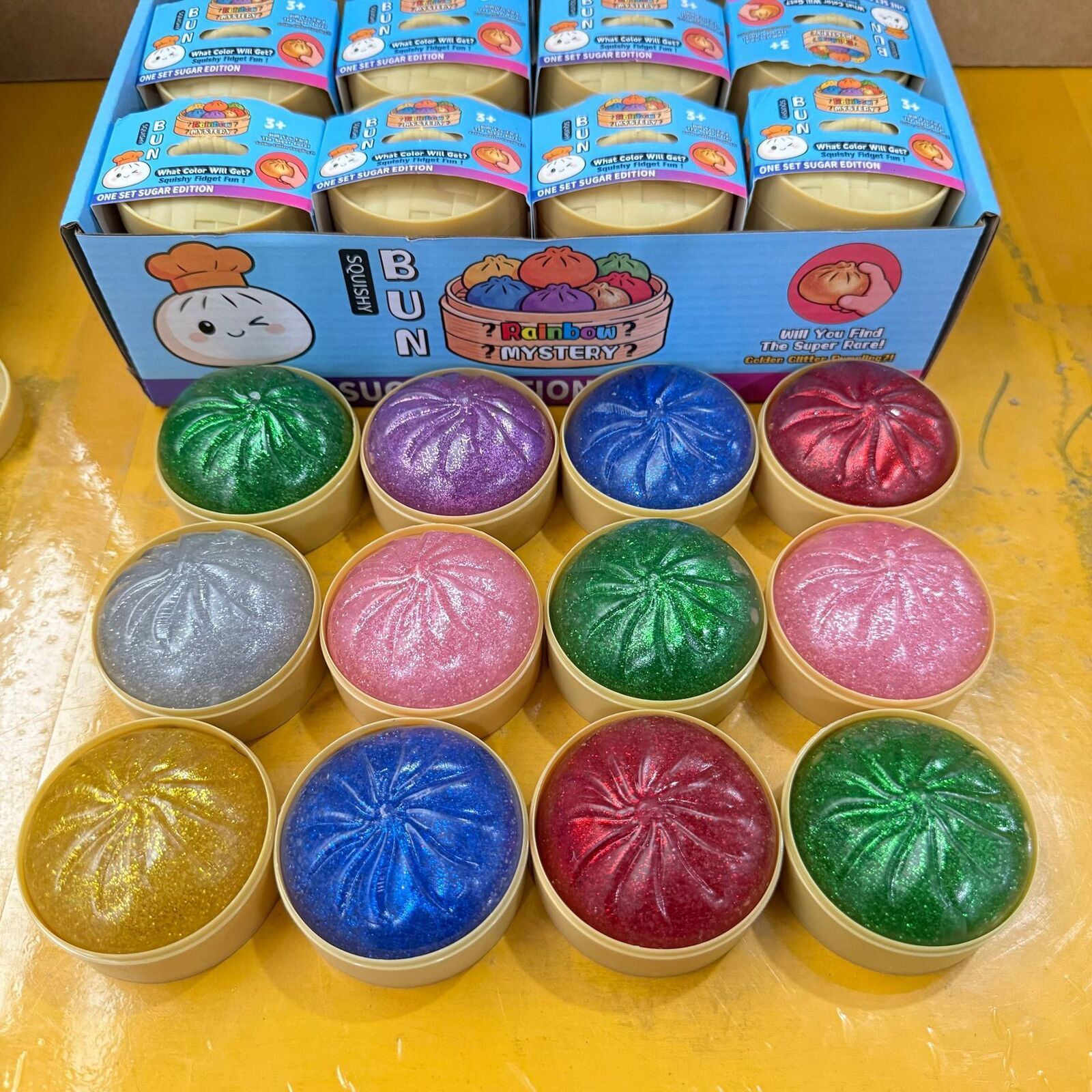 Glitter Mystery Dumpling Squishy Blind Box Toy, Slow Rising Stress Relief Fidget Squeeze Toy with Mini Steamer, Surprise Party Gift for Kids Adults
