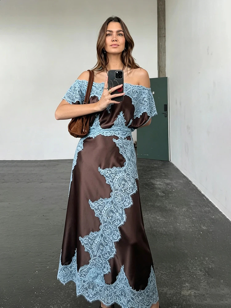 Elegant Lace Patchwork Long Womens Dress Urban Skew-collar Short Sleeve Empire Female Dresses 2026 Summer Vacation Lady Robe 260713 - view 6