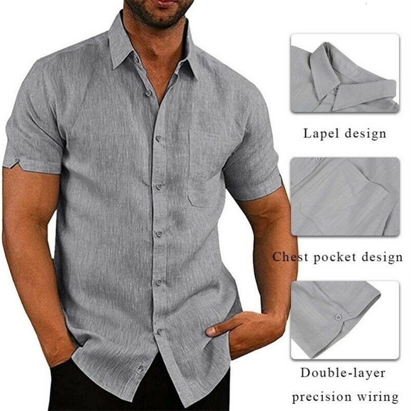 Mens Short Sleeve Button Down Linen Blend Shirt with Chest Pocket Casual Summer Top 260711 - view 4