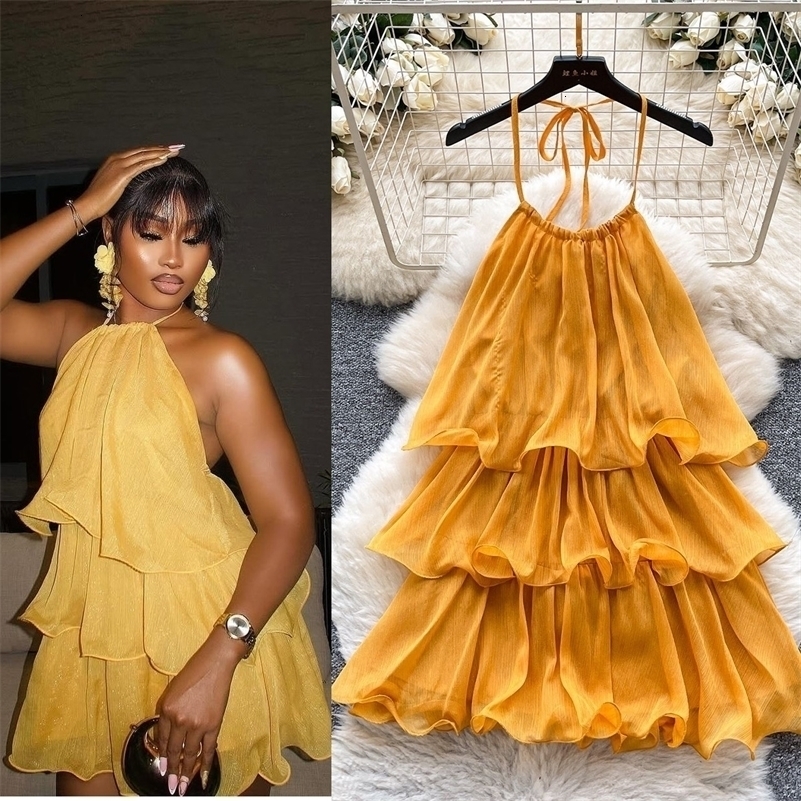 Short Dress Women Halter Cake Dresses A Line Vestidos Lace Up Elegant Splice Tierred Party Night Sweet Beach Y2k Streetwear 2026 260711 - view 3