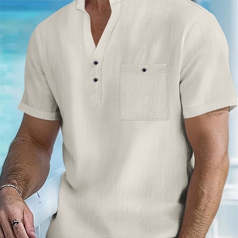 Mens Cotton Linen Short-Sleeve Shirt with Stand Collar Half-Button Placket - Casual Outdoor Leisure Wear for Spring and Summe 260711 - view 4