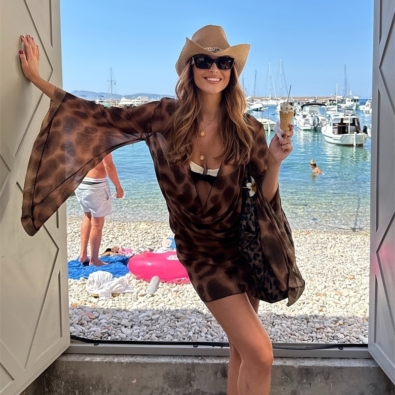 Autumn Fashion Street Style Sexy Low-Cut Plunging Neckline Leopard Printed Flare Sleeve Women Beach Vacation Mini Dress C95 260711 - view 5