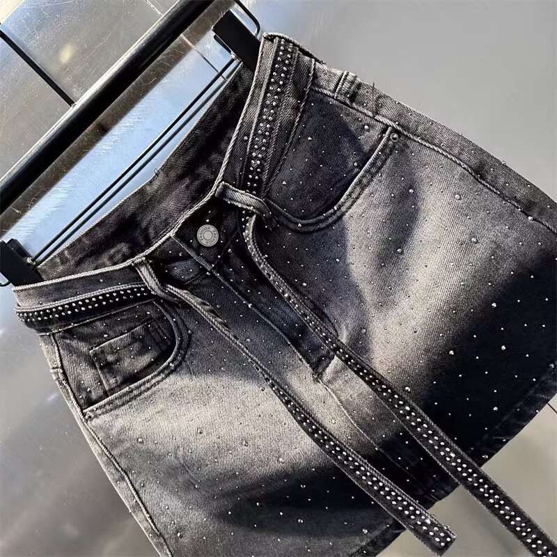 Retro Gradient Rhinestone Denim for Women, Summer Plus Size Slimming High Waist A-line Short Skirt - view 5