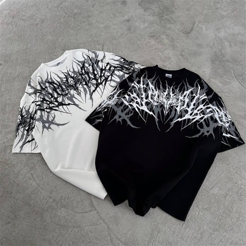Black White Gothic Metal Print Oversized T-Shirt Men Women Casual Streetwear Deathcore Grunge Aesthetic Quick-drying Tee 260713CJ