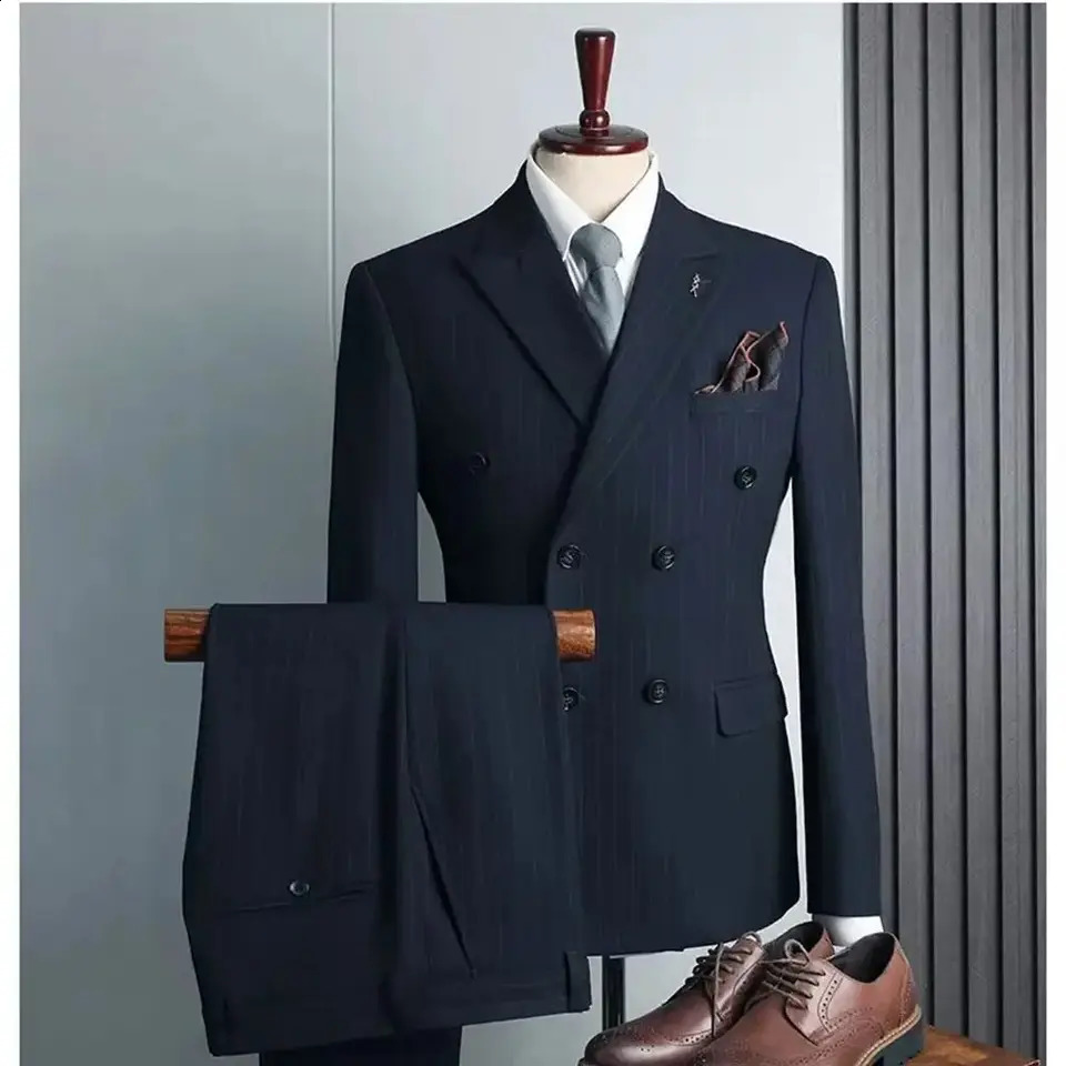 Chic Striped Men Suits High-end Double Breasted Lapel Outfits Business Office Daily Casual Slim Male Suit BlazerPants 260713CJ - view 3