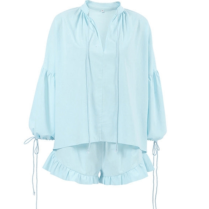 Casual Solid Color Slim Fit Two-piece Set Drawstring Long Sleeve Top Ruffle Hem Elastic Waist Shorts Outfits 260713 - view 5