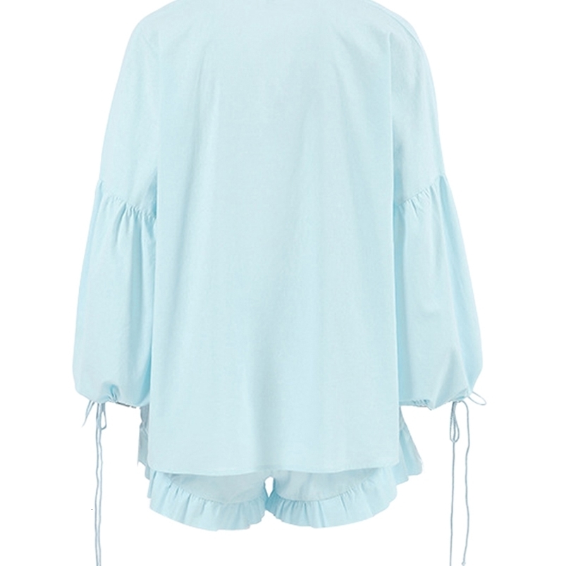 Casual Solid Color Slim Fit Two-piece Set Drawstring Long Sleeve Top Ruffle Hem Elastic Waist Shorts Outfits 260713 - view 6