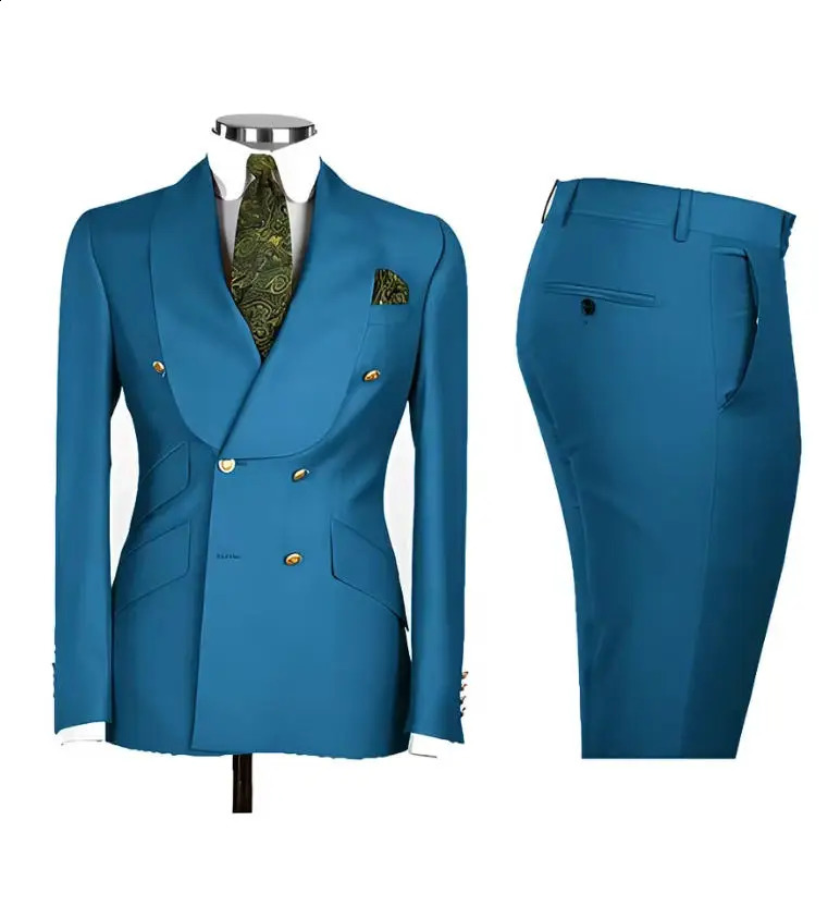 Chic Light Blue Mens Suits Double Breasted Male 2 Piece Jacket Pants Blazer Lapel Elegant Formal Set Wedding Groom Tuxedos 260713CJ - view 5