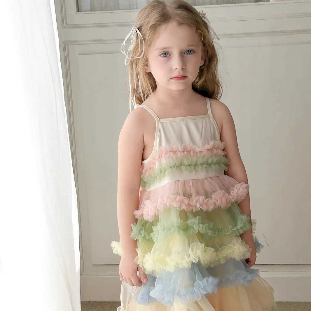 Summer new girls super beautiful and fashionable princess puffy dress 2025 camisole rainbow cake gauze dress C260714